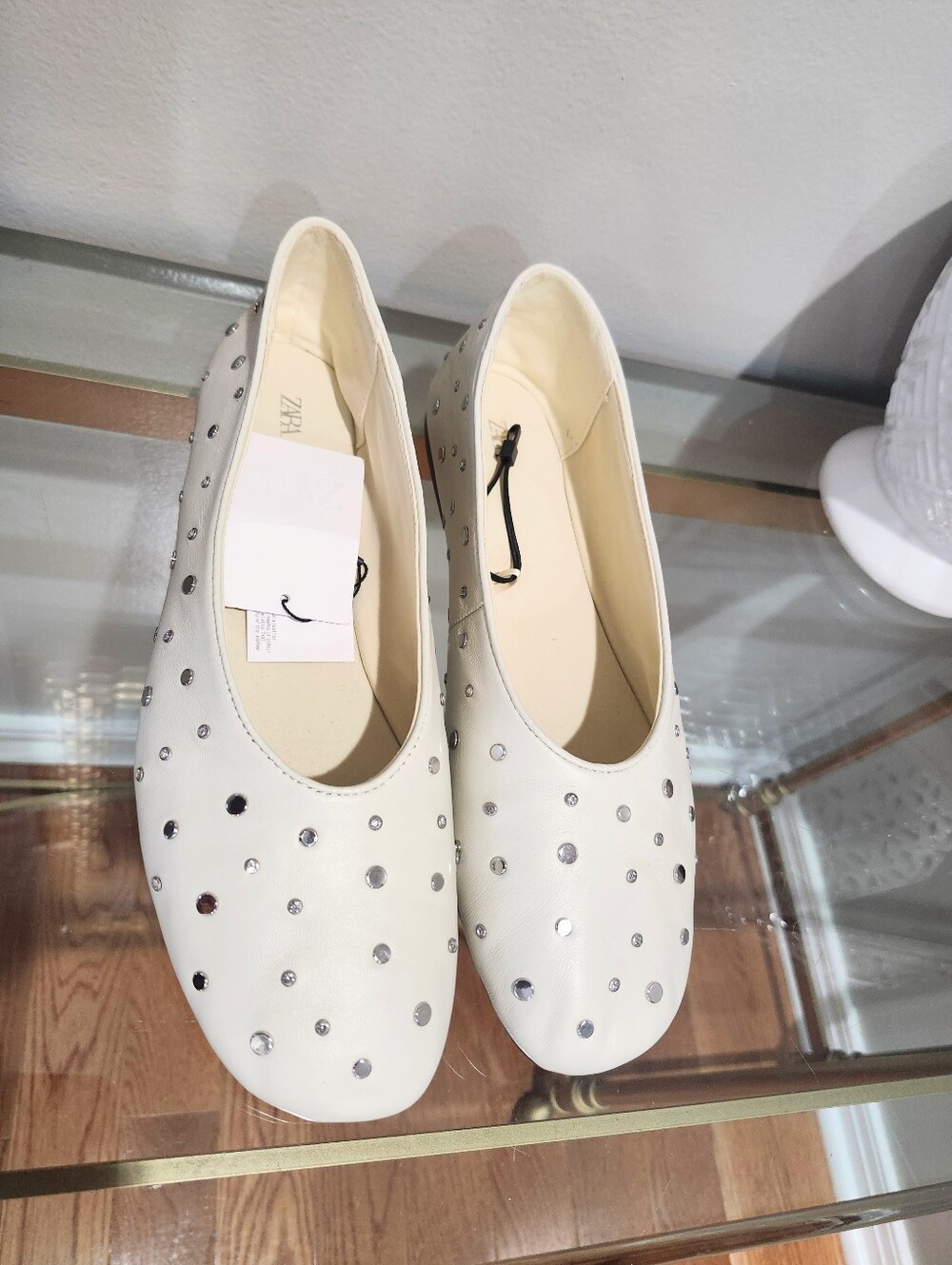 Zara Leather Studded Cream Ballet Flats - Picture 5 of 7